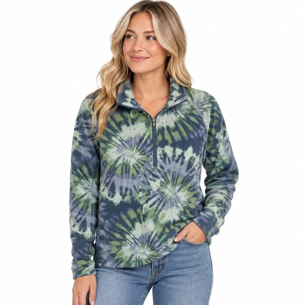 Eddie Bauer Tie-Dye Fleece 1/4 Zip green blue grey women XL